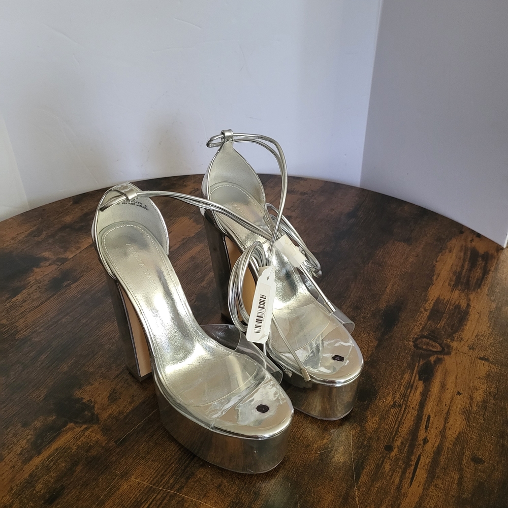 Azalea Wang Malea Silver Chrome Platform Ankle Wrap Strappy Heels Size 8 Bold